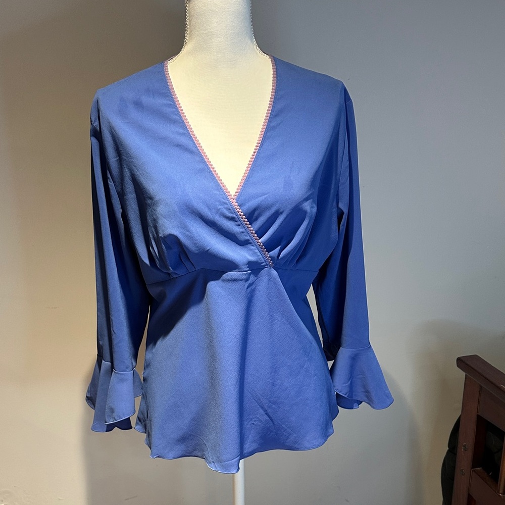 Elegant Blue Wrap Top with Ruffle Sleeves